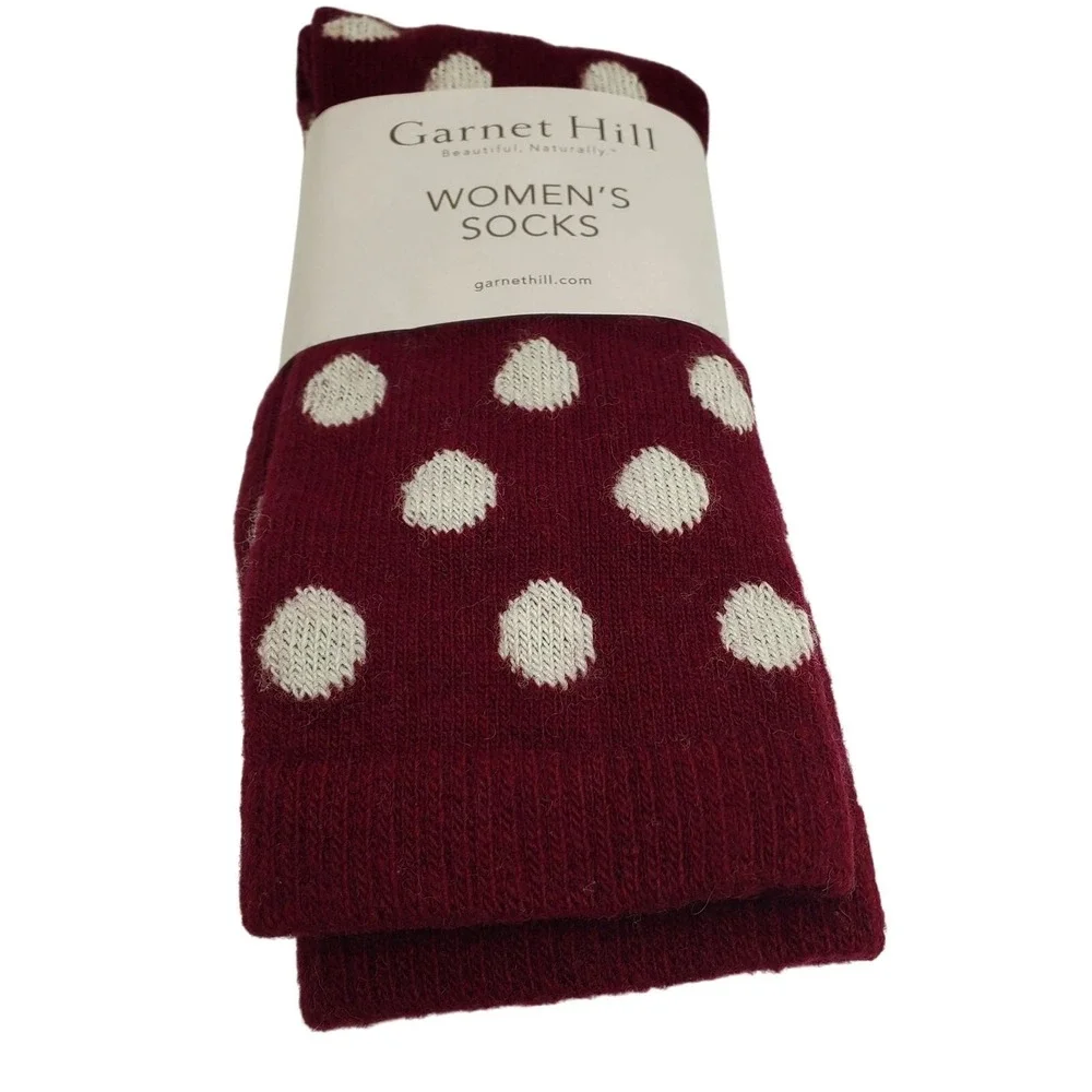 Port Red Cream Dot Crew Socks Medium Garnet Hill 9-11 Warm Cozy Cashmere Blend M